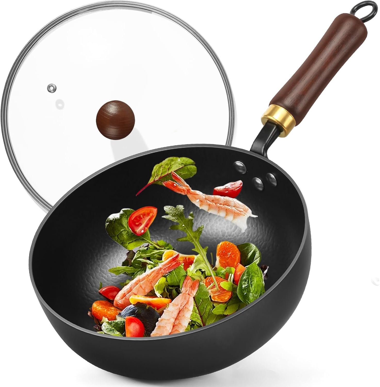 Carbon Steel Wok, 9.5 Bi-Thickness Authentic Chinese Woks & Stir-Fry Pans, Saute Pan with Lid, Deep Fry Pan Flat Bottom Small Wok for 1-2 Servings