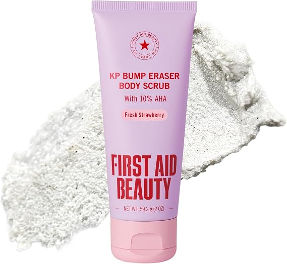 First Aid Beauty - KP Bump Eraser Body Scrub with 10% AHA, Keratosis Pilaris Exfoliator with Glycolic and Lactic acids, Helps Reduce Chicken Skin Bumps, Safe for Sensitive Skin, Strawberry Scent, 2 oz