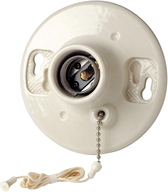 Leviton One-Piece Glazed Porcelain Outlet Box Mount, Incandescent Lampholder, Pull Chain, 29816-C, White