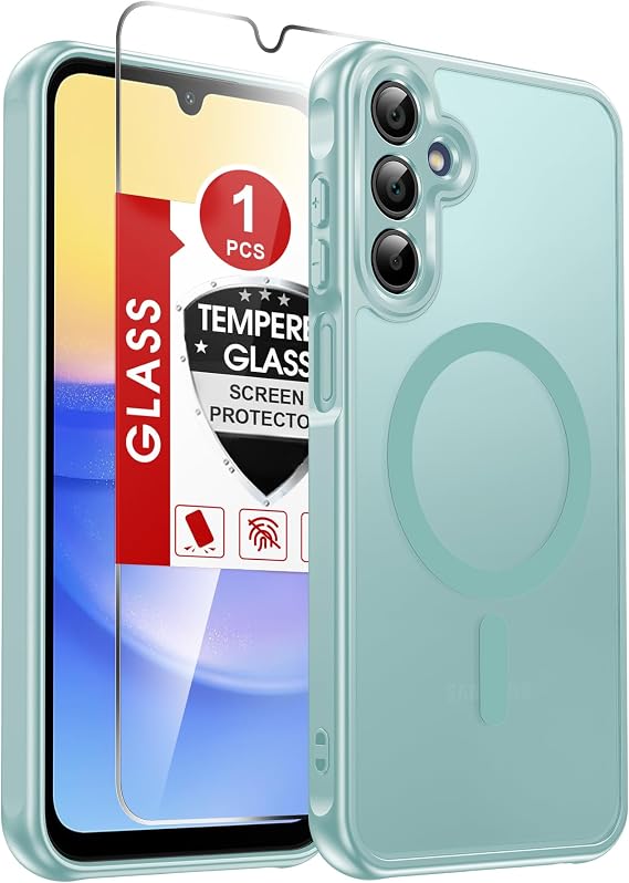 LeYi Galaxy A15-5G用電話ケース:Samsung A15 5Gケース、スクリーンプロテクター付き、ワイヤレス充電マット半透明ソフトタッチ&ミリタリーグレードの耐衝撃Funda para A 15、ミント