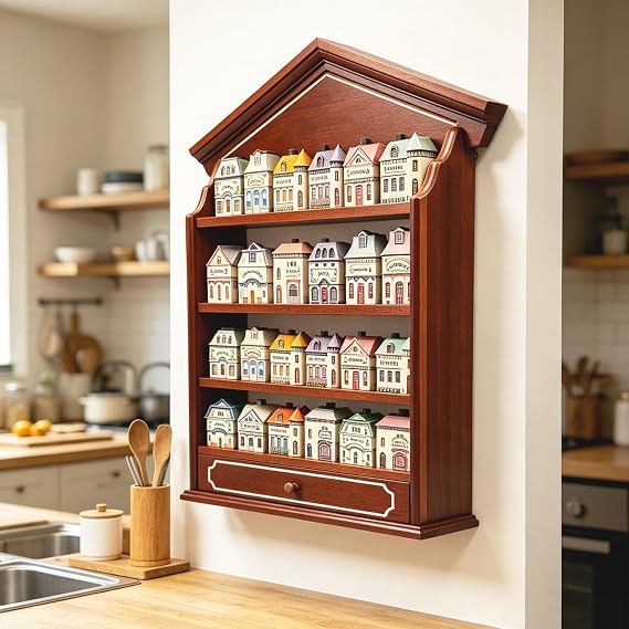 Vintage Wooden Spice Rack with Drawer and 4 Shelves, Wall Mounted Spice Village Display Shelf for Kitchen Storage, Holds 24 Jars, 22 x 17 x 4 Inches, Rack Only