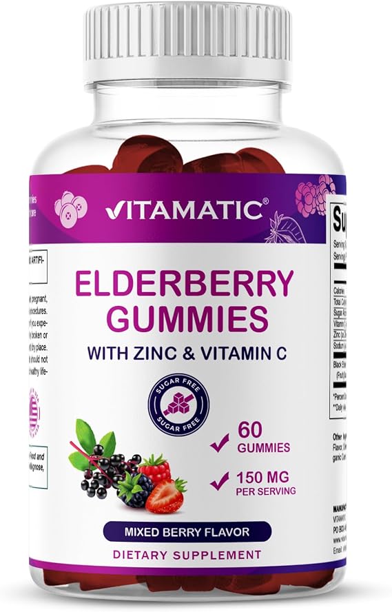 Vitamatic Elderberry Gummies with Vitamin C & Zinc Immune Support Supplement Mixed Berry Flavor 60 Gummies Made in the USA, Vegan, Non-GMO, Gluten-Free