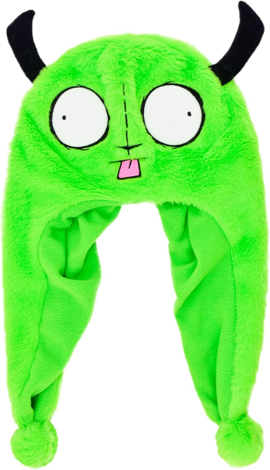Invader Zim Beanie Hat, Gir Mens Cuffed Peruvian Winter Knit Cap with 3D Horns, Green, One Size