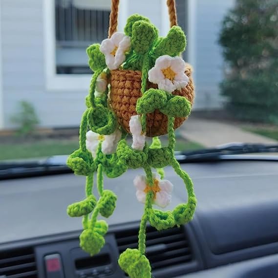 Cute Car Plant Accessories Cute Plant Crochet Car Mirror Suspension Accessories Orchid Potted Crochet Hand Woven Rearview Mirror Accessories (White Mini Blossom)