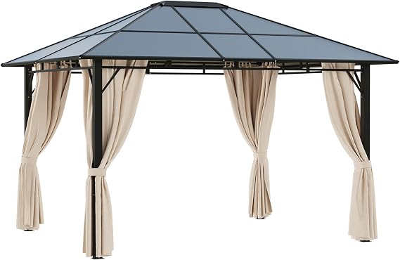 Outsunny 10' x 12' Hardtop Gazebo Canopy with Curtains Dark Brown/Off-White | Polycarbonate Roof, Aluminum Frame, Permanent Pavilion, Outdoor Gazebo, Patio Garden Backyard Deck Lawn