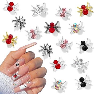 36Pcs Halloween Nail Charms 3D Spider Nail Art Charms Shiny Alloy Spider Nail Rhinestones Gold Silver Red Black Halloween Nail Jewelry Crystal Colorful Spider Nail Gems for Acrylic Nail Supplies Decor