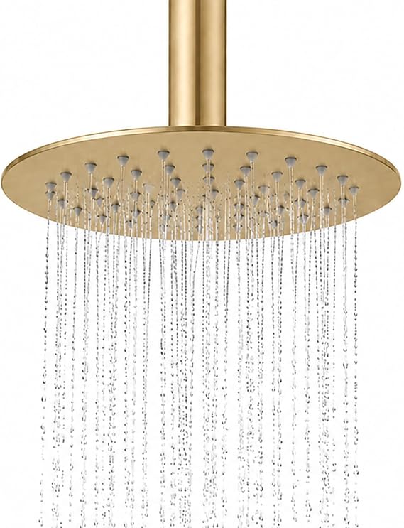 8 Inch Rain Shower Head, BSTIIU High Flow Stainless Steel Round Rain Shower Head, High Pressure Overhead Shower Heads, Wall & Ceiling Mount Ultra Thin Stainless Steel Shower Head, Brushed Gold