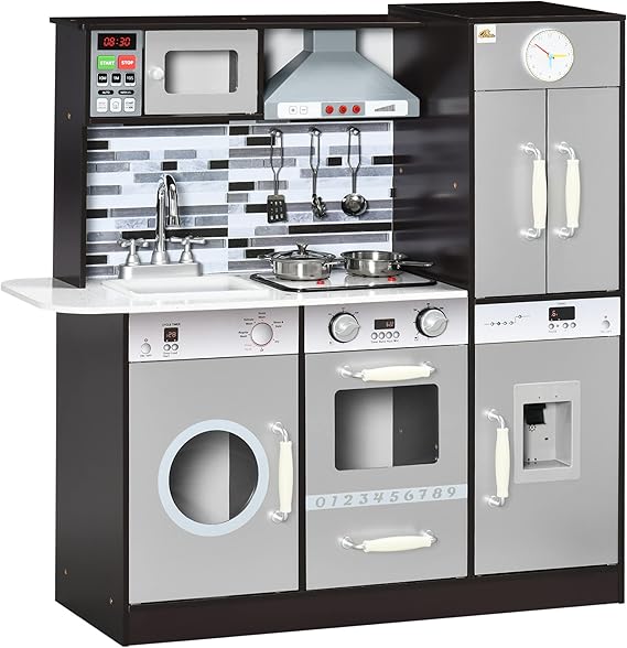 Qaba Wooden Play Kitchen with Lights Sounds, Kids Kitchen Playset with Washing Machine, Water Dispenser, Microwave, Range Hood, Refrigerator, Utensils, Gift for 3-6 Years Old