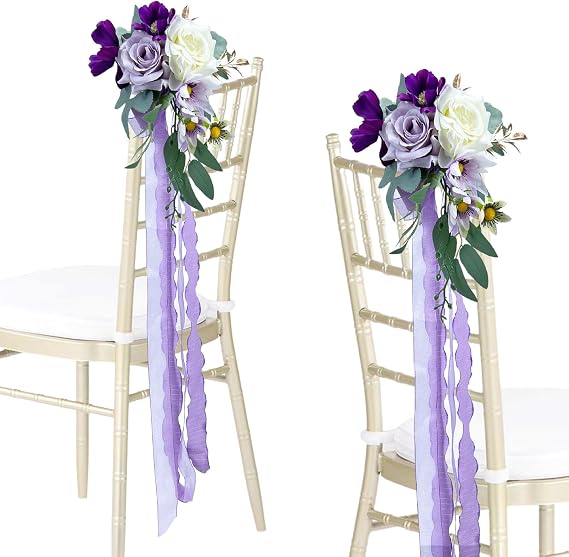CherishedMoments 6 Wedding Aisle Decorations,Purple Pew Flower Chair Ribbon