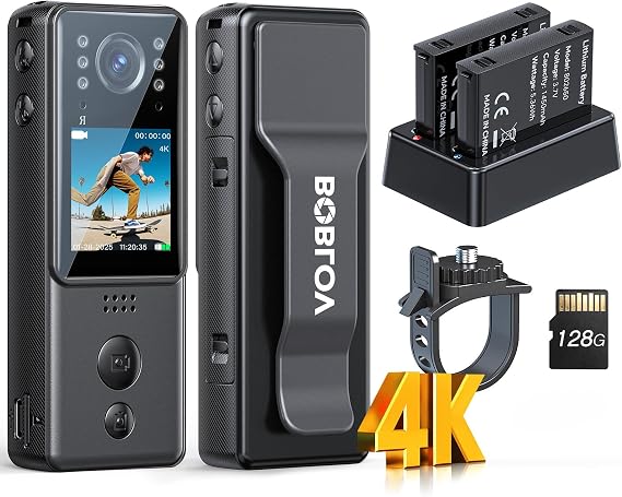 BOBLOV 4K Mini Body Camera with Video and Audio 128G, 2X 1400mAh Batteries& Charging Dock, A29 Body Wearable Camera with Night Vision & Bike Mount for Security, Vlogging, Pet, Cycling, Daily Recording