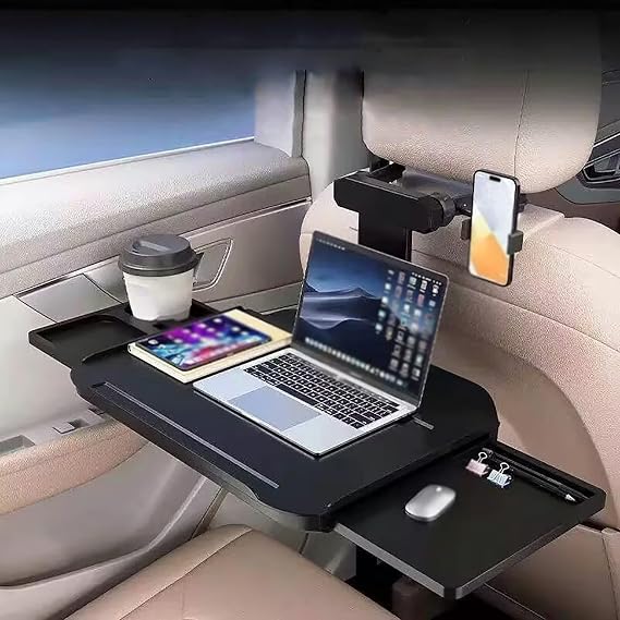 Car Backseat Foldable Telescopic Tray Table, Adjustable Seat Back Laptop Desk with Phone Holder, for Working, Writing, Eating, Traveling, Load Capacity 20kg