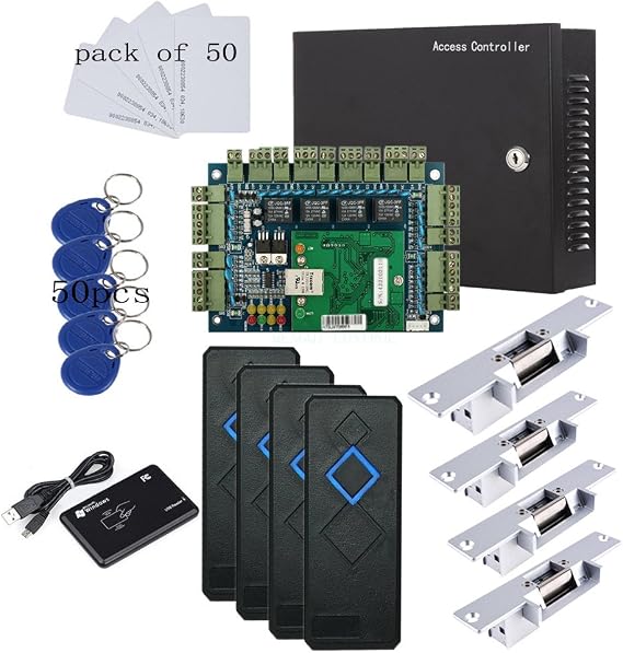 TCP/IP 4 Door Entry Access Control Panel Kit Electric Strike Fail Secure NO Mode Lock Enroll RFID USB Reader 110-240V Power Supply Box RFID Reader Phone APP remotely Open Door
