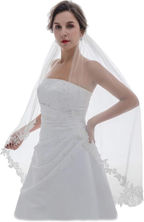 SAMKY 1T 1 Tier Embroided Floral Crystal Beaded Lace Edge Veil