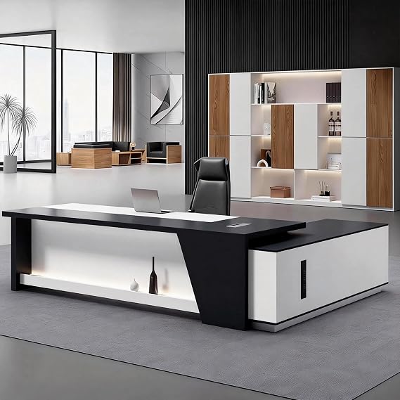 Modern Executive Desk with Storage Cabinet, L-Shaped Office Desk with LED Lighting, Large Computer Desk for Home Office, Reception Desk, Workstation Furniture