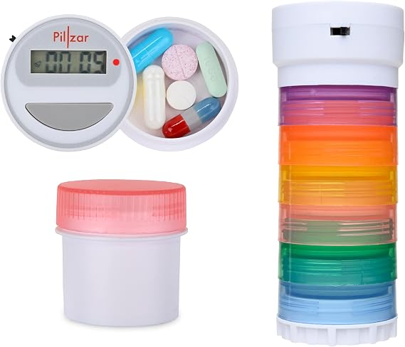 Portable Stackable Pill Organizer and Timer Cap with 14 Countdown Alarm presets.  with 1 Timer, 6 Small Stackable Containers, 1 Large Container, and 2 Magnetic Adapters. Travel Friendly.