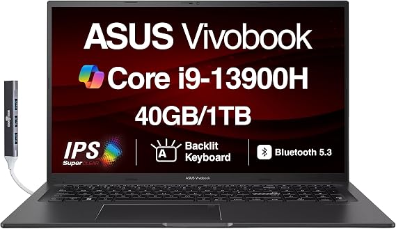 ASUS Vivobook K3704VA-DS96 17X Laptop 17.3" IPS FHD Display w/DZT Hub | (Intel i9-13900H, 40GB DDR4, 1TB PCIe SSD, Intel Iris Xe, Backlit KB, Fingerprint, Webcam, WiFi 6E, Win 11 Pro)