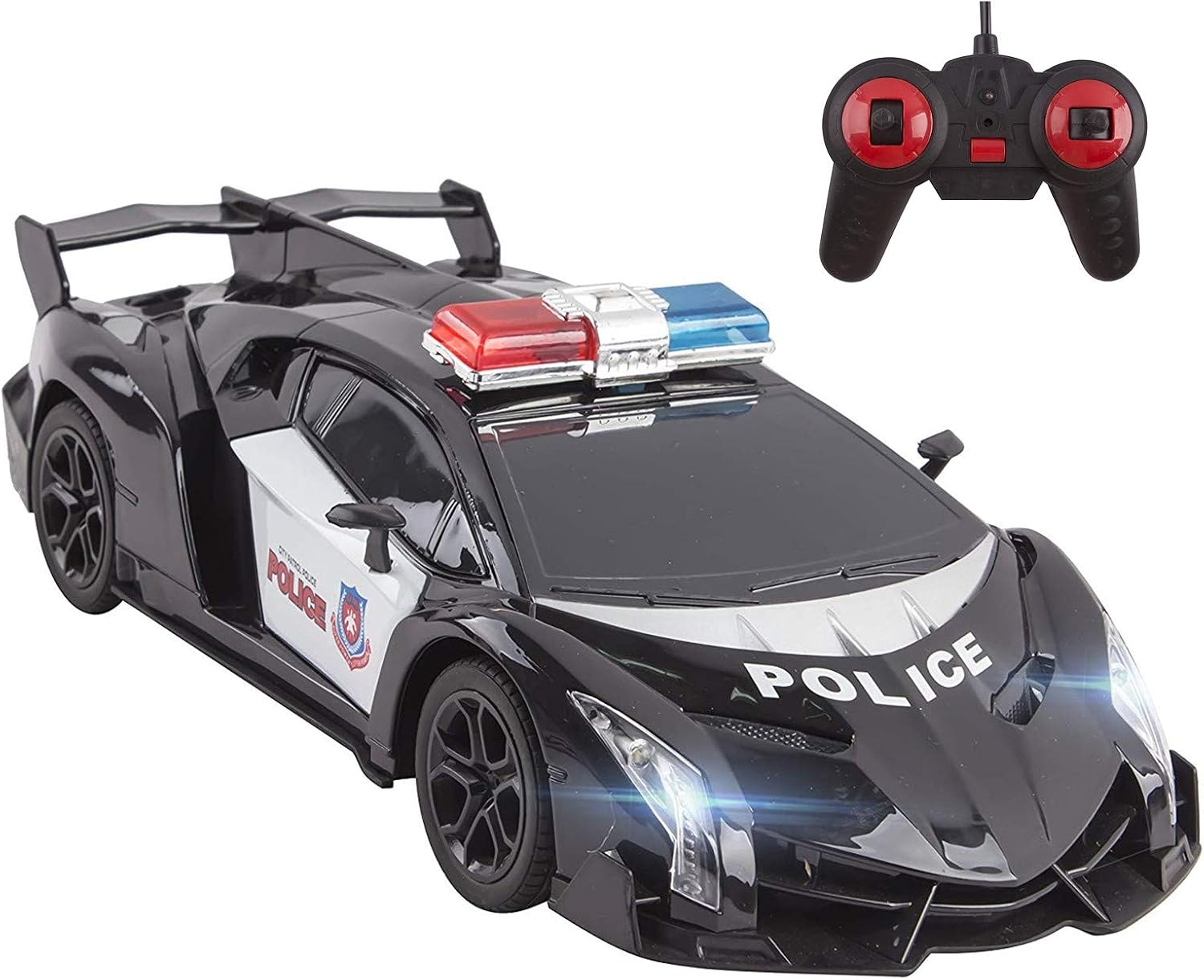 Vokodo Police RC Car Super Exotic 12 1:16 Scale Size Kids Remote Control Easy to Operate Toy Sports Cars with Functional LED Headlights Cop Race Vehicle Full Function Great Gift for Boys Black