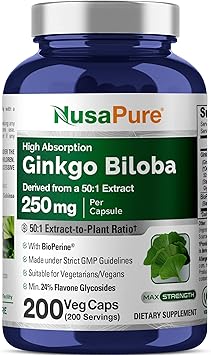 NusaPure Ginkgo Biloba Capsules, 250 mg, 200 Veg Capsules Non-GMO, Vegan