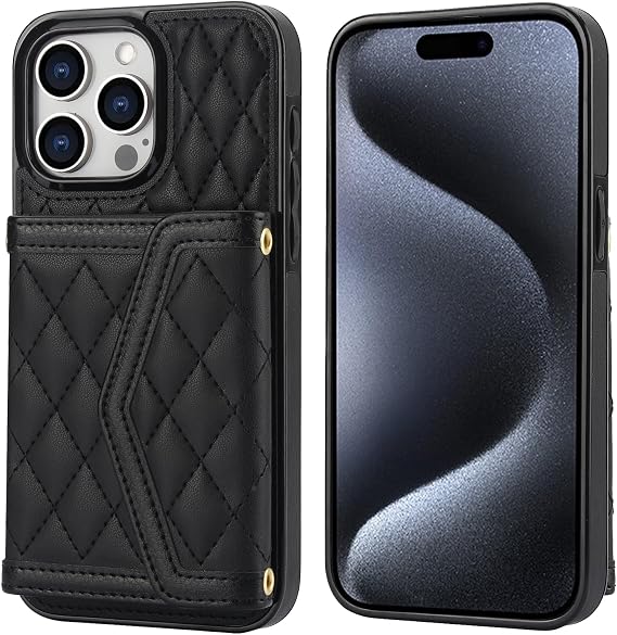 for iPhone 15 Pro Case Wallet with RFID Blocking Card Holder and Crossbody Lanyard Strap, Stylish Flip Wallet Case for iPhone 15 Pro 6.1 inch, Black