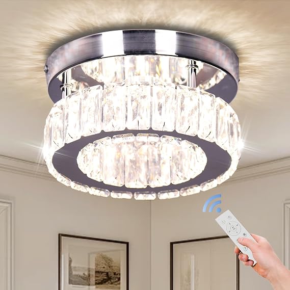 7.8" Round Crystal Flush Mount Chandelier Ceiling Light Dimmable remote | K9 crystal flush mount dimmable with remote control ceiling light for Hallway Bedroom Kitchen [Energy Class E]