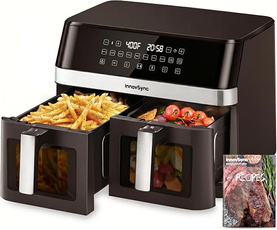 12QT Large Dual Air Fryer, 10-in-1 Double Zone Airfryer with 26QT Baskets, 60 Easy-Panel with Full Touchscreen, SyncCook Function, Viewing Window, Nonstick & Dishwasher Safe,Brownish Black