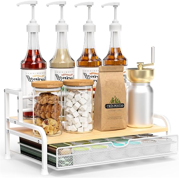 Coffee Pod Holder for Nespresso K Cup Dolce Gusto, 35 Capsules Storage Drawer, 8 Bottles Syrup Rack with Non-Slip Feet, Space-Saving Coffee Station