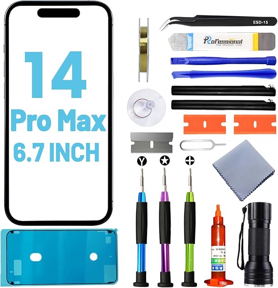 for iPhone 14 Pro Max Screen Replacement, Glass Replacement for iPhone 14 Pro Max 6.7 inch, Screen Repair Kit with Waterproof Adhesive(NO OLED & Touch Digitizer)