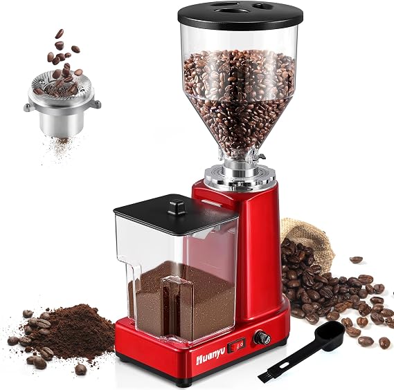 Huanyu Flat Burr Coffee Grinder, 35oz Large Capacity for Bulk Grind, Red | 19 grind settings, 60mm SS flat burr, 22oz removable grounds box, for espresso, pour over, french press, home & commercial