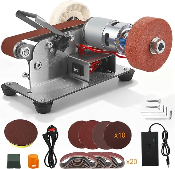 Mini Belt Sander, Electric Bench Grinder 7 Adjustable Speed, Electric Electric Belt Sanding Machine with Grinding Wheel Polishing Wheel & 10pc 120#/320#/600#/800#/1000# Sanding Beltsand