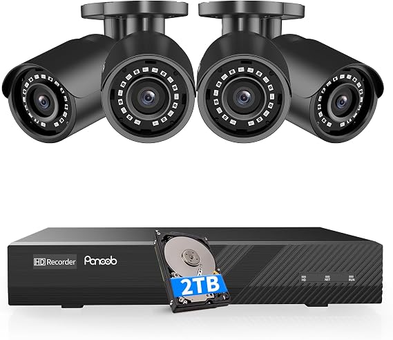 4 Camera Security System 8 Channel PoE with 2TB HDD, PB37F30408-5M | 4X 5-Megapixel Wired Home Bullet IP Cameras, Human Vehicle Detection, Remote Access, Built-in Mic, 4K 8CH NVR 24/7 Recording