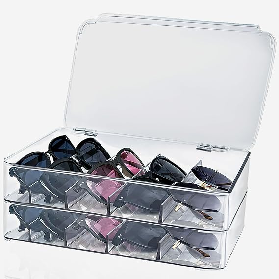 2 Packs Plastic Sunglass Organizer, 5 Slots Stackable Eyeglass Case Storage Organizer with Lid, Clear Eyewear Storage Display Case Eyewear Collection Case Holder for Multiple Glasses Jewelry