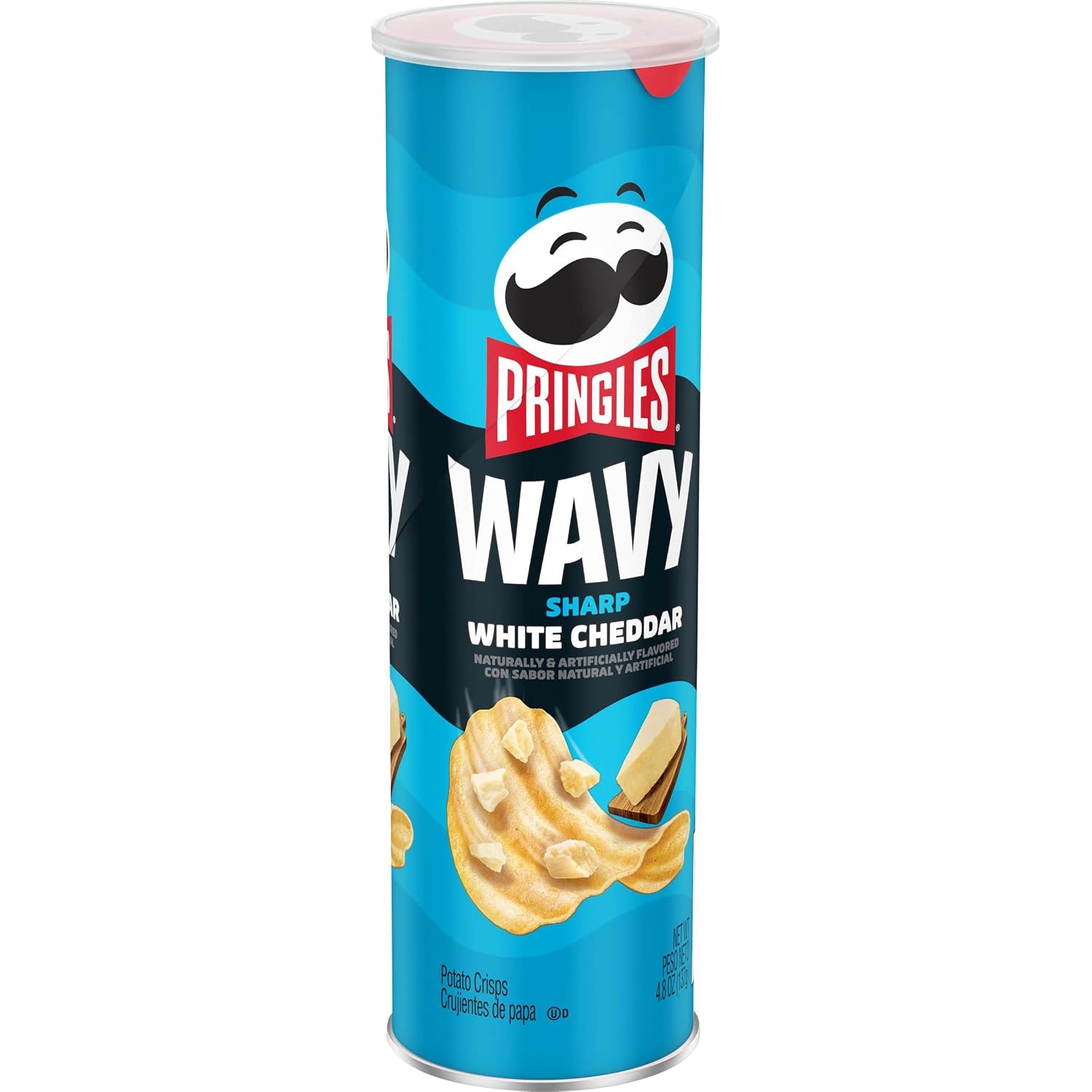 Pringles Wavy Potato Crisps Chips, Lunch Snacks, On the Go Snacks, Sharp White Cheddar, 4.8oz Can 1 Can