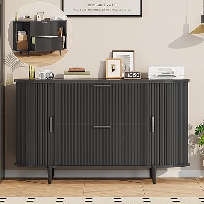 SEDETA 39.4" Filing Cabinet for Home Office, 2 Drawer File Cabinet, fit Legal/Letter/A4 Size, Modern Fluted Filing Cabinets with 2 Sliding Door Storage, Printer Stand, Black