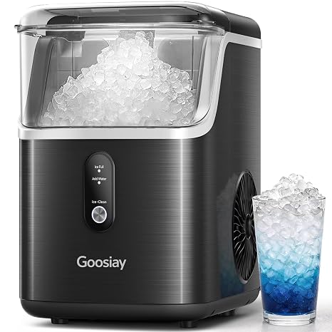 Nugget Ice Maker Countertops, 33lbs Per Day Portable Pebble ice Machine, Crushed ice Maker with Soft Chewable Ice for Home, Party, RV, Camping, Stainless Steel Black