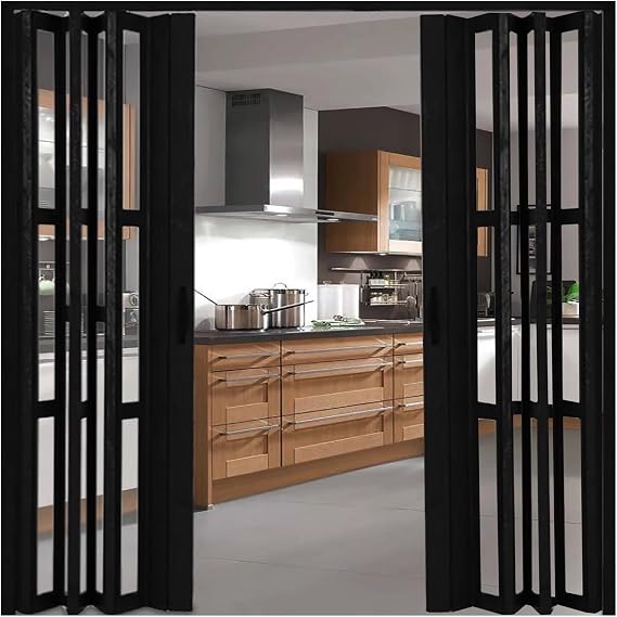 Kitchen Hallway Restaurant Bi Folding Barn Door, Large 210 200 180 150 130 110 90 80 CM Retractable Sliding Doors with Acrylic Glass, Portable Double Folding Door(Black,83x80in(210.8x203cm))