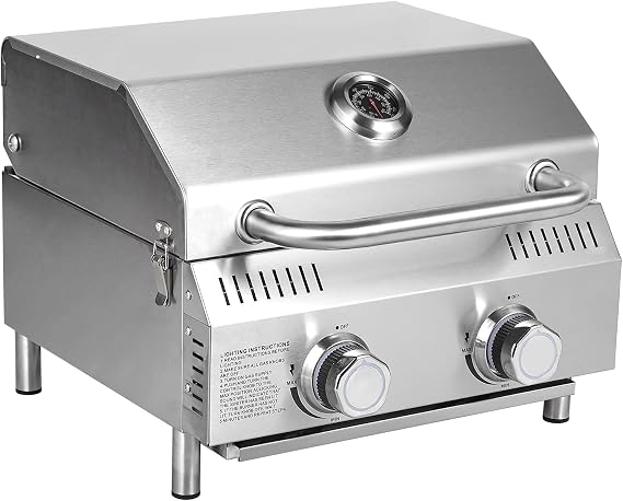 Bestfire Tabletop Gas Grill 2 Burners, 20,000 BTUs Stainless Steel Portable Propane Grill with Legs for Outdoor Patio Backyard Camping, Tailgating, and RV Trips