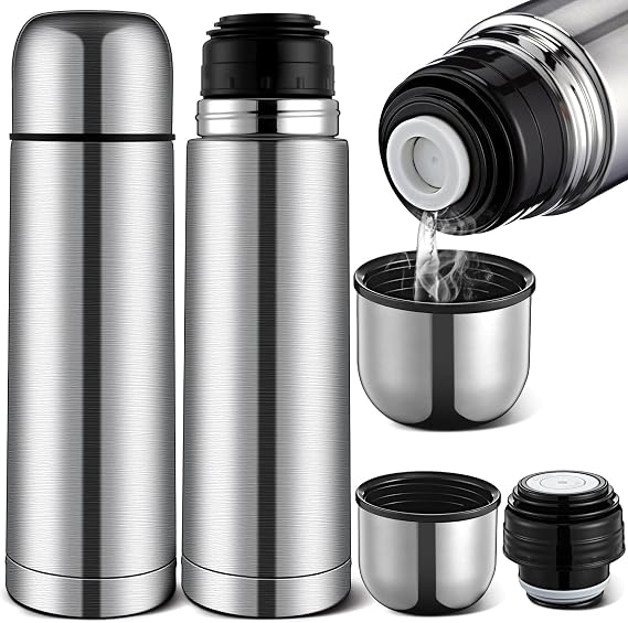Domensi 2 Pcs Stainless Steel Thermal Bottle 25 Oz/ 750 ml Hot Water Flask Coffee Travel Mugs with Cup Cafe Sealed Vacuum Insulated Bottles for Hot Drinks(Silver)