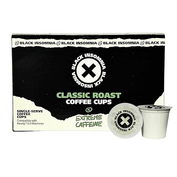 Black Insomnia Coffee Extreme Caffeine Single Serve Cups (For Use In Keurig Brewers) Strongest Coffee in the World - Classic Roast - 12 Count