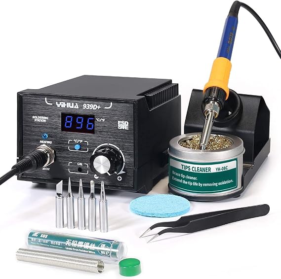 YIHUA 939D+ Digital Soldering Station, 75W Equivalent with Precision Heat Control (392F to 896F) and Built-in Transformer. ESD Safe, Lead Free with C/F display (Black)
