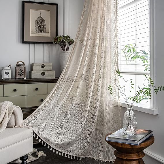 Vintage Handmade Crochet Knitting Window Curtains Boho Chic Cotton Linen Lace Curtain for Bedroom Living Room Drape Decor, Semi Sheer Rod Pocket Kitchen Curtain with Tassels, 1 Panel, 59" x 23"