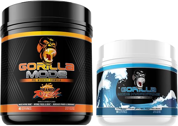 Gorilla Mode Pre Workout (Orange Rush) + HydroPrime Glycerol Pre Workout - Comprehensive Stack for Hyper-Hydration, Pump, Power, Endurance, and Thermoregulation