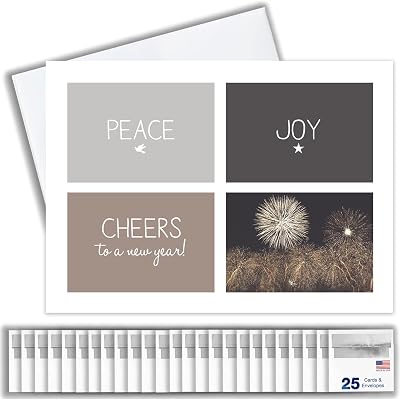 New Years Cards for Business & Family Peace Joy & Cheers Bulk Greeting Card Set Pack of 25 Happy New Year Cards with Envelopes for 2026 5x7 inch A7 Great for Office, Work Employees & Clients N1502