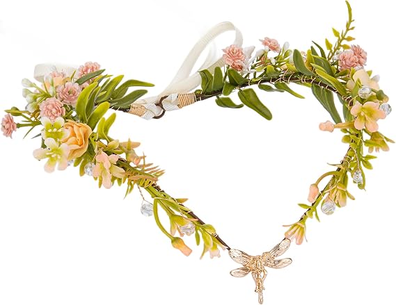 MOSTORY Woodland Fairy Flower Crown - Floral Elf Crown with Dargonfly for Renaissance Fairy Accessories Women Cosplay