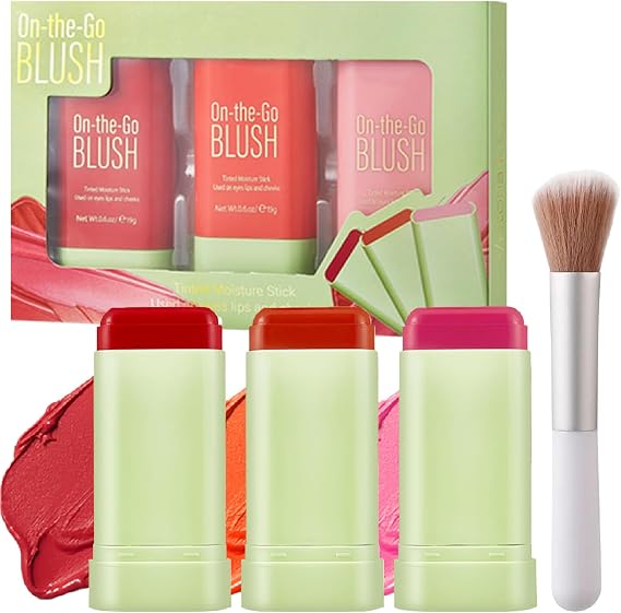 3PCS Multi-Use Blush Stick — Cream Blusher with Blush, Contour & Highlighter Stick, Lightweight Liquid Tint, Waterproof Long-Lasting Bronzing Makeup for Mature Skin, Eyes, Cheeks & Lips