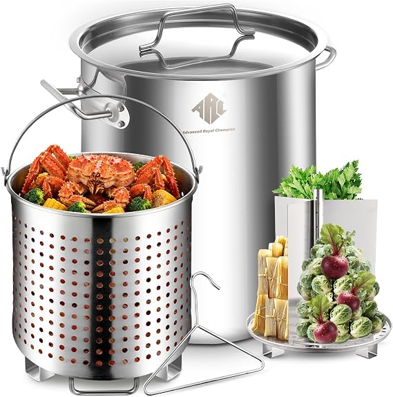 ARC 100QT Stainless Steel Stockpot for Crab Seafood Boiler w/Basket, 25Gal | Outdoor Cooking Pot w/Steamer Rack-Divider-Lift Hook-Tube For Crawfish Lobster Shrimp Boiling-Turkey Fryer and Tamales Steam