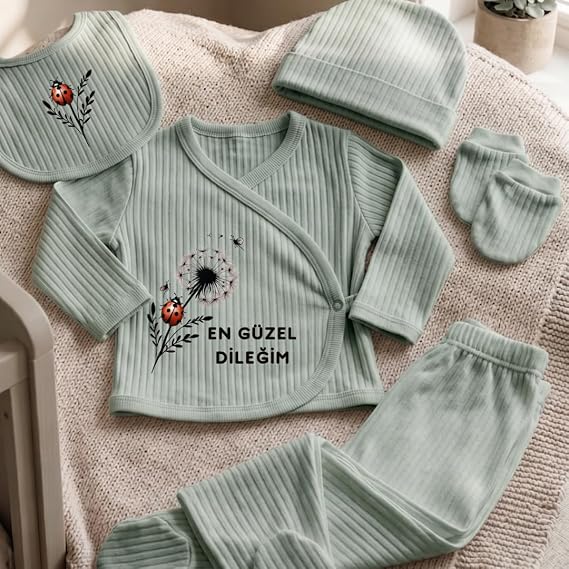 %100 Pamuk Yenidoğan Bebek Hastane Çıkış Seti En Güzel Dileğim Yazılı Yeşil 5'li Bebek Takımı