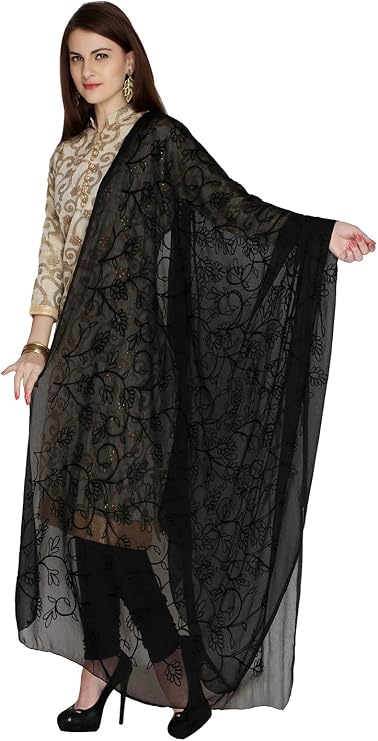 DUPATTA BAZAAR Women's Embroidered Black Chiffon Dupatta