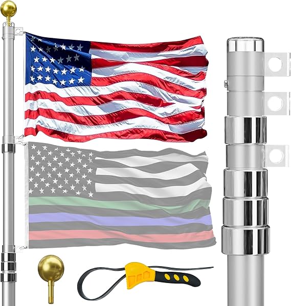 30FT Telescoping Flag Pole for Outside House, Extra Thick Telescopic Flagpole with USA Flag, Inground Outdoor Use, Camper RV, Residential & Commercial, Complete Hardware & Top Ball (Silver)