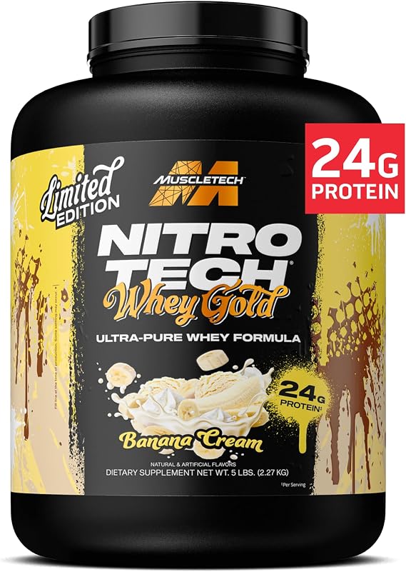 MuscleTech Whey Protein Powder (Banana Cream, 5LB) - 24g Protein | Nitro-Tech Whey Gold Isolate Smoothie Mix for Lean Muscle & Fast Recovery - For Women & Men - Gluten-Free