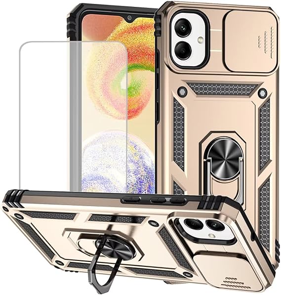 for Galaxy A05 Case, Samsung A05 SM-A055F Case with Tempered Glass Screen Protector and Slide Camera Cover, Magnetic Ring Car Mount Holder Protective Cover for Samsung Galaxy A05 Gold